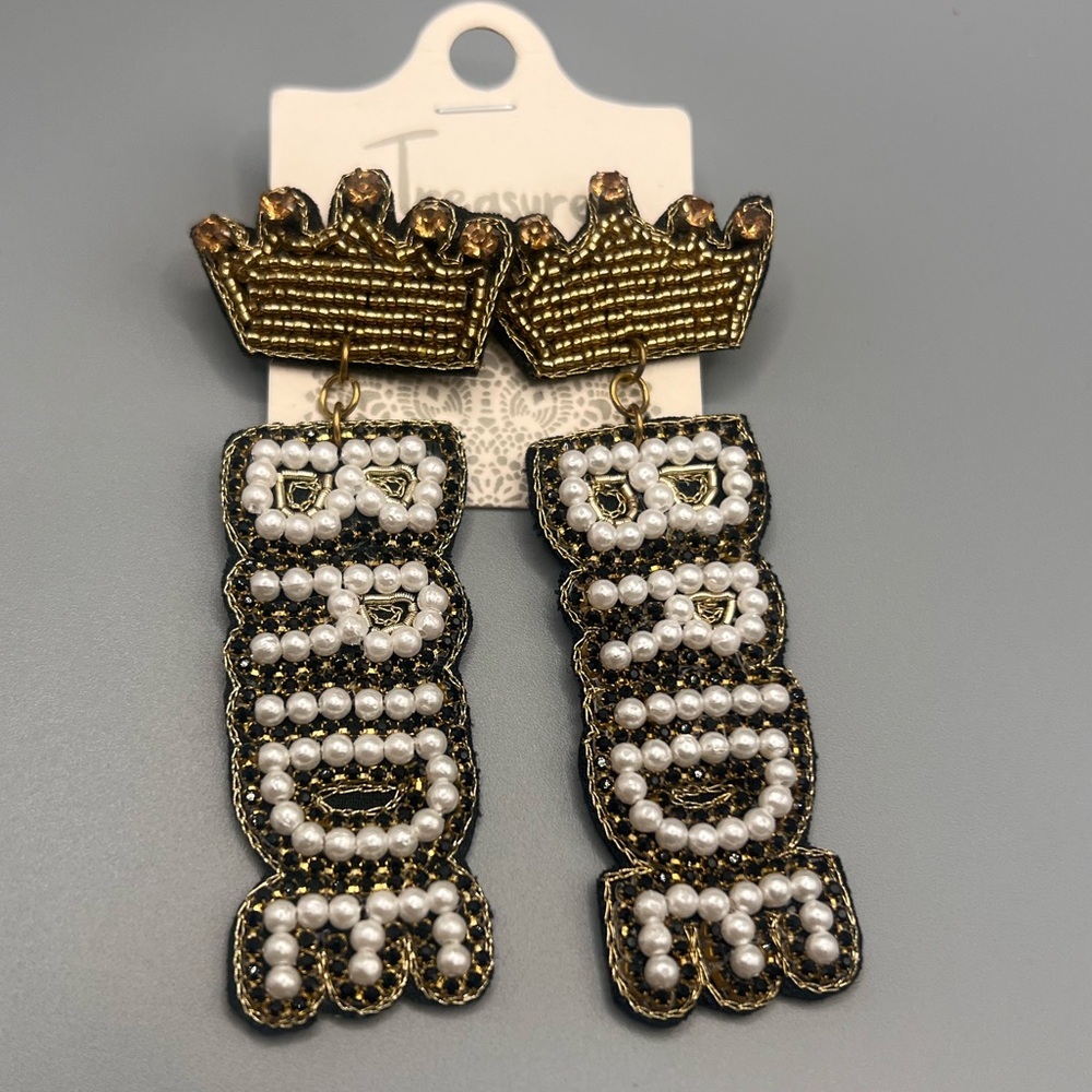 Gorgeous Beaded "BRIDE" Statement Earrings with Crown Detail